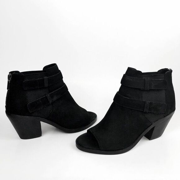 Eileen Fisher List Black 6B Peep Toe Ankle Booties Chunky Heel Nubuck Boho - Picture 1 of 8